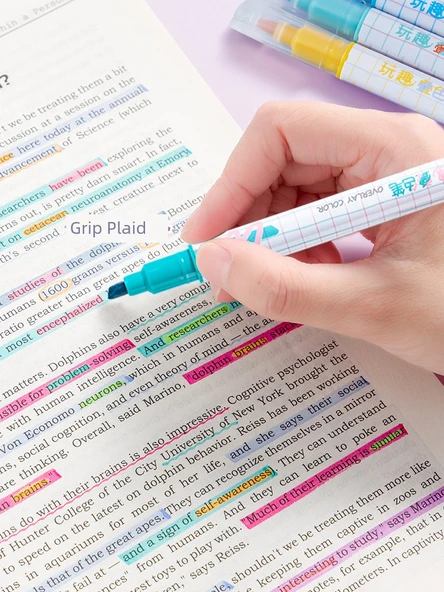 Çift Uçlu Anti-Blooming Flüoresan Marker Kalemi - Büyük Düz Çubuk - Yarım Sarı + Sis Moru + Bahar Sabahı Yeşili + Çiçek Dalları Kırmızı + Yuqin Sarısı + Yunshan Mavisi - 6 Adet - 5