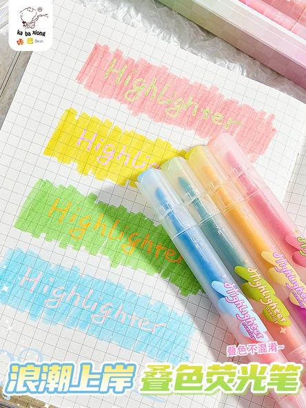 Çift Uçlu Yığılabilir Flüoresan Kalem Seti - Dalga İnişi - 4 Temel Renk + 4 Üst Üste Renk - 10