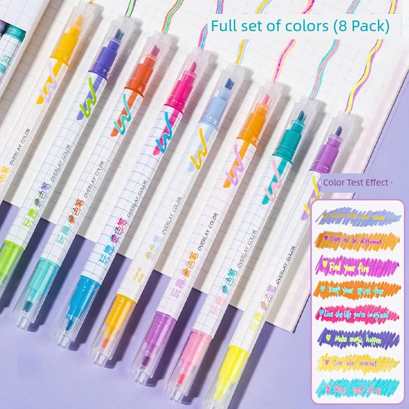 Çift Uçlu Anti-Blooming Flüoresan Marker Kalemi - Tam Renk Seti - 8 Adet - 1