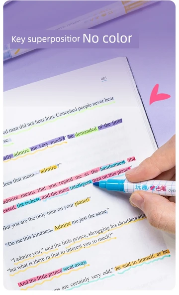 Çift Uçlu Anti-Blooming Flüoresan Marker Kalemi - Büyük Düz Çubuk - Yarım Sarı + Sis Moru + Bahar Sabahı Yeşili + Çiçek Dalları Kırmızı + Yuqin Sarısı + Yunshan Mavisi - 6 Adet - 9