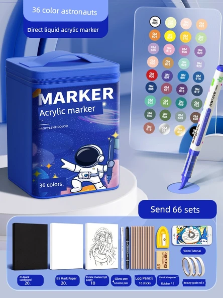 Akrilik Marker Kalemi Seti - Mavi Astronot Doğrudan Sıvı 36 Renk, 53 Parça