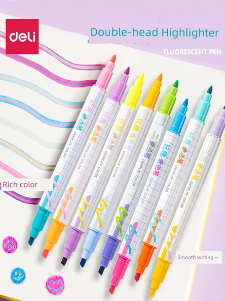 Çift Uçlu Anti-Blooming Flüoresan Marker Kalemi - Büyük Düz Çubuk - Yarım Sarı + Sis Moru + Bahar Sabahı Yeşili + Çiçek Dalları Kırmızı + Yuqin Sarısı + Yunshan Mavisi - 6 Adet - 2