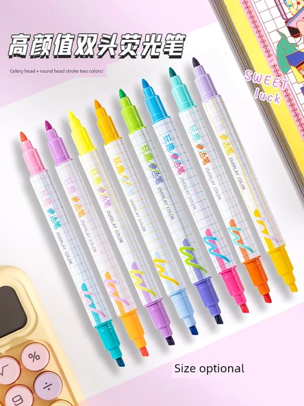 Çift Uçlu Anti-Blooming Flüoresan Marker Kalemi - Tam Renk Seti - 8 Adet - 6