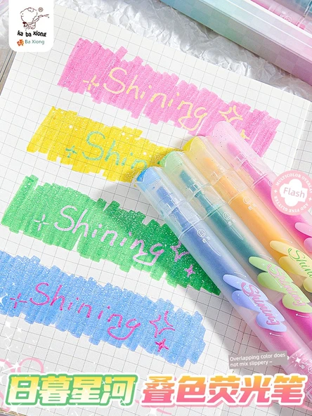 Çift Uçlu Yığılabilir Flüoresan Kalem Seti - Dalga İnişi - 4 Temel Renk + 4 Üst Üste Renk - 4