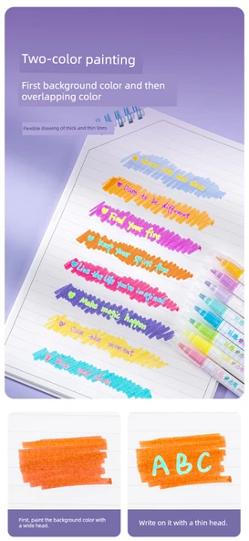 Çift Uçlu Anti-Blooming Flüoresan Marker Kalemi - Tam Renk Seti - 8 Adet - 8