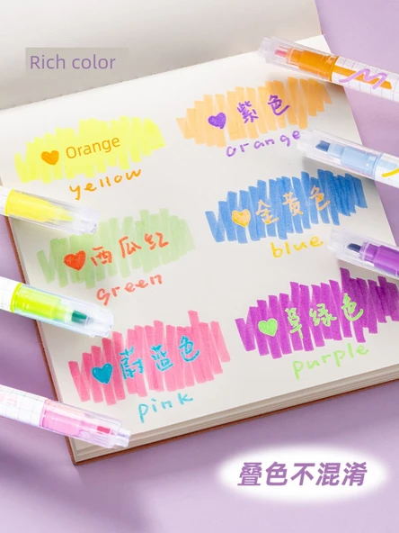 Çift Uçlu Anti-Blooming Flüoresan Marker Kalemi - Büyük Düz Çubuk - Yarım Sarı + Sis Moru + Bahar Sabahı Yeşili + Çiçek Dalları Kırmızı + Yuqin Sarısı + Yunshan Mavisi - 6 Adet - 3