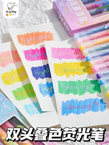 Çift Uçlu Yığılabilir Flüoresan Kalem Seti - Dalga İnişi - 4 Temel Renk + 4 Üst Üste Renk - 8