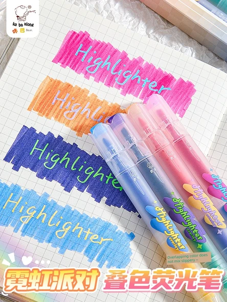 Çift Uçlu Yığılabilir Flüoresan Kalem Seti - Dalga İnişi - 4 Temel Renk + 4 Üst Üste Renk - 9