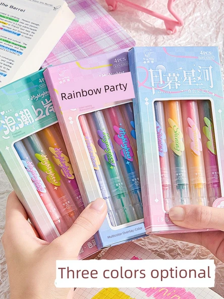 Çift Uçlu Yığılabilir Flüoresan Kalem Seti - Dalga İnişi - 4 Temel Renk + 4 Üst Üste Renk - 7