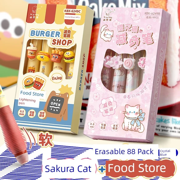 Silinebilir Jel Kalem 0.5mm - Atıştırmalık Dükkanları + Kiraz Çiçeği Kedisi / Kristal Mavi - 8'li Kutu - Resim 1