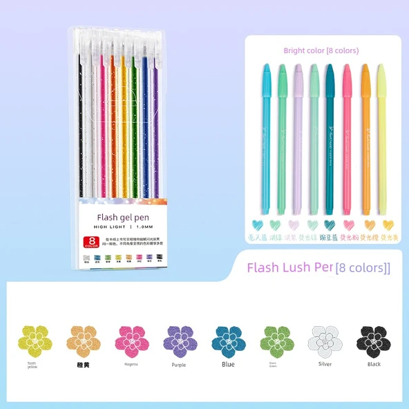 16 Renk Set - 8 Jel Kalem + 8 Lif Kalem (Parlak Renk Sistemi) - 1.0mm