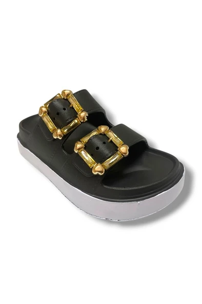 Akınal E474.Z.0000-25 Eva Altın Tokalı Çift Bant Kadın Terlik - 4