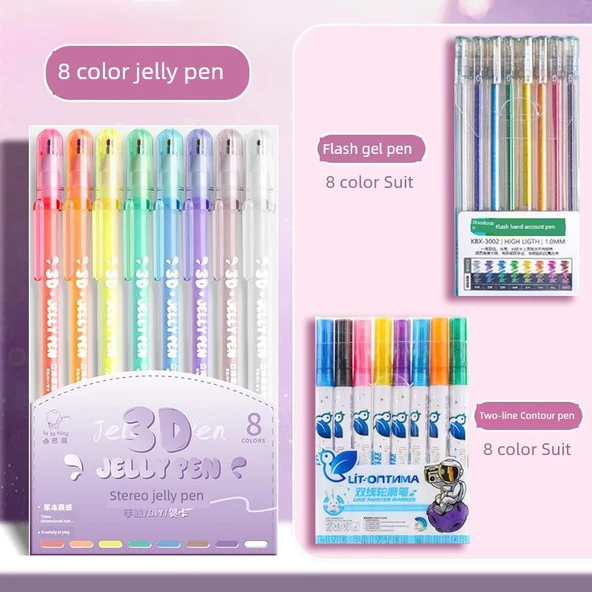 Fluoresan Kalem Seti - 8 Renk Stereo Jel Kalem + 8 Renk Kontur Kalem + 8 Renk Flash Jel Kalem - Resim 1