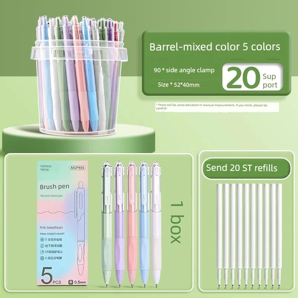 Renk Karışımı - 20 Adet Set - 0.5mm ST Uçlu Basmalı Jel Kalem - Hızlı Kuruyan Mürekkep - Depolama Kutusu