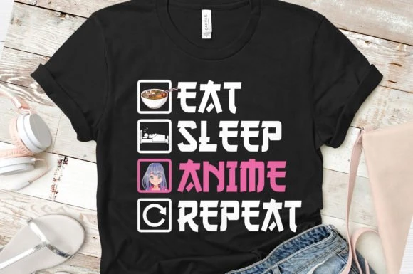 Anime Eat Sleep Anime Repeat Kısa kollu bisiklet yaka t-shirt