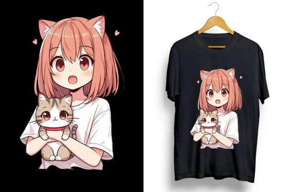 Anime girl with kawaii cat Kısa kollu bisiklet yaka t-shirt