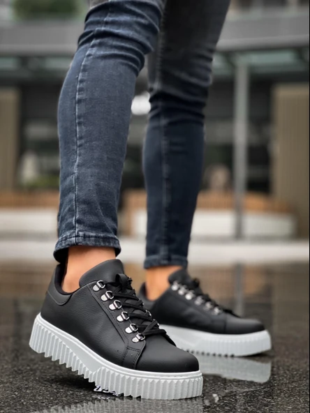 ET0505 Çengel Bağcıklı Siyah Renk Beyaz Tabanlı Günlük Ayakkabı - Resim 4