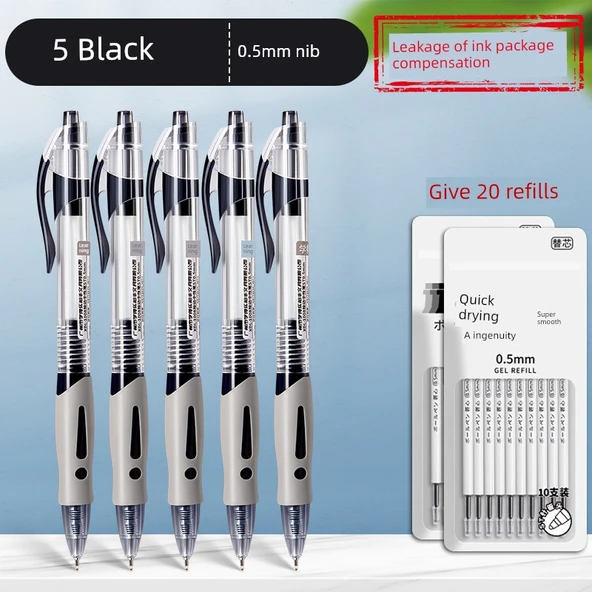 0.5mm Uçlu Basmalı Jel Kalem - Siyah 5 (20 Yedek ile birlikte)
