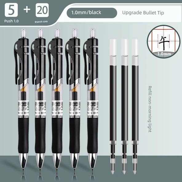 Jel Kalem Seti - 1.0mm - Siyah Mürekkep - 5 Kalem + 20 Yedekli - Basmalı