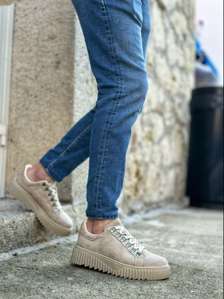 ET0505 Çengel Bağcıklı Krem Renk Yüksek Tabanlı Günlük Ayakkabı - Resim 3