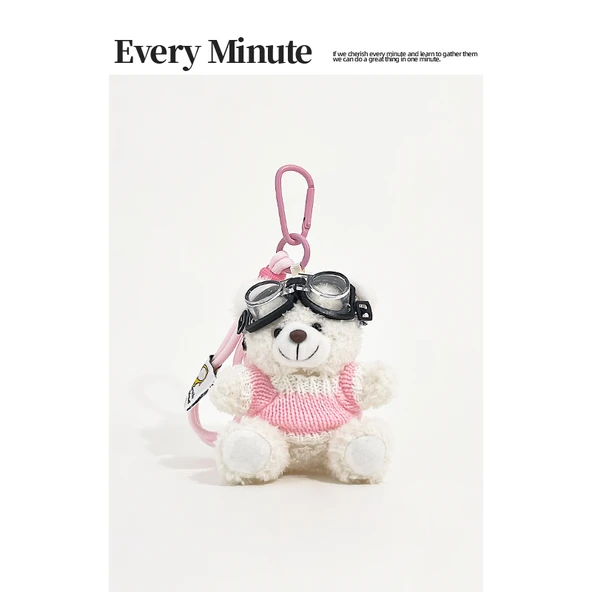 Preppy JK Kemerli Kazak Ayıcık Anahtarlık - Küçük Beyaz Ayı-Pembe Kazak