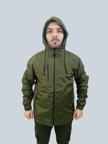 Erkek Çıkma Kapüşonlu Kaplama Detaylı Haki Yağmurluk - 5