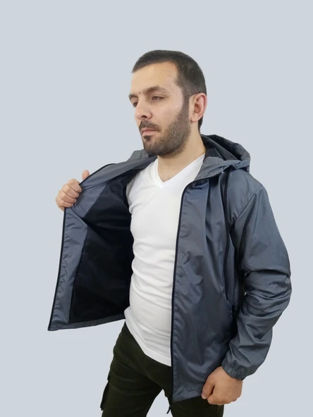 Erkek Çıkma Kapüşonlu Kaplama Detaylı Füme Yağmurluk - 8