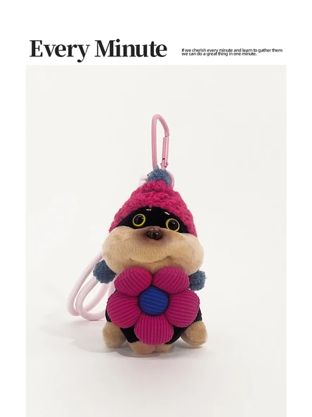 Sevimli Yavru Köpek Peluş Anahtarlık - Turuncu Çiçek Turuncu Şapka - Resim 2