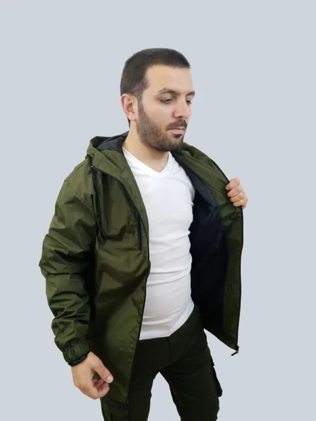 Erkek Çıkma Kapüşonlu Kaplama Detaylı Haki Yağmurluk - 2