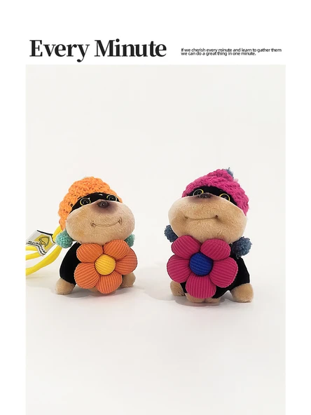 Sevimli Yavru Köpek Peluş Anahtarlık - Turuncu Çiçek Turuncu Şapka - Resim 3