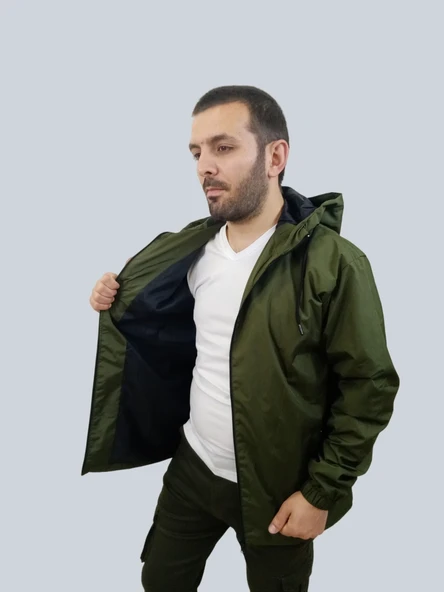Erkek Çıkma Kapüşonlu Kaplama Detaylı Haki Yağmurluk