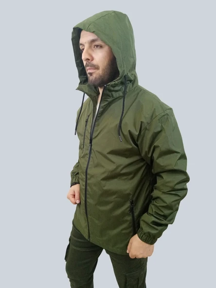 Erkek Çıkma Kapüşonlu Kaplama Detaylı Haki Yağmurluk - 4