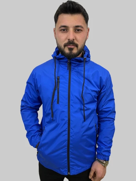 Erkek Çıkma Kapüşonlu Kaplama Detaylı Saks Yağmurluk