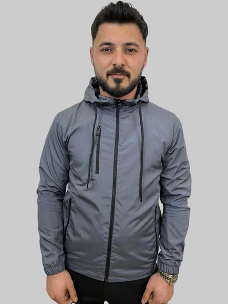 Erkek Çıkma Kapüşonlu Kaplama Detaylı Füme Yağmurluk