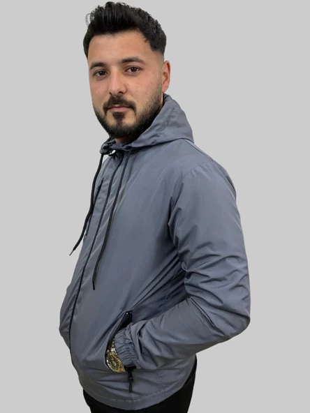 Erkek Çıkma Kapüşonlu Kaplama Detaylı Füme Yağmurluk - 3