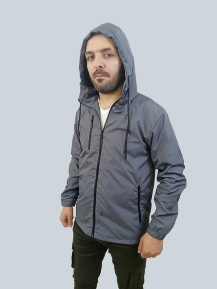 Erkek Çıkma Kapüşonlu Kaplama Detaylı Füme Yağmurluk - 7