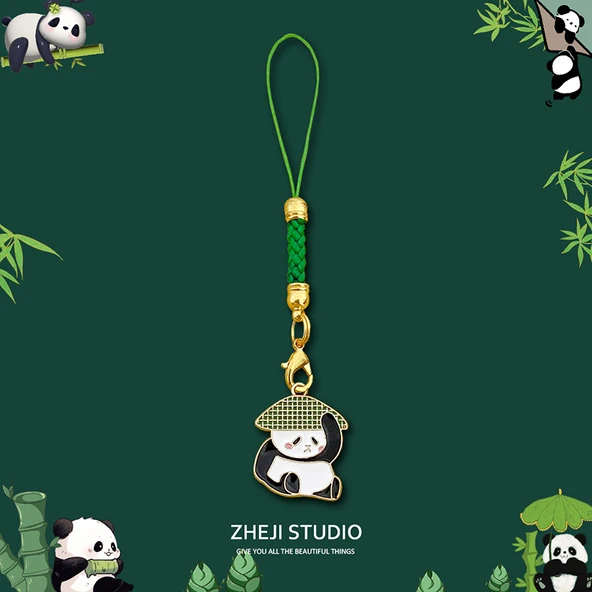 Bambu şapka panda yeşil ipli anahtarlık