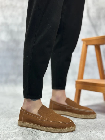 ET0359 Doğal Deri Tozu Bağcıksız Kauçuk El Yapımı Espadril Taban Taba Renk Erkek Ayakkabı ürün görseli