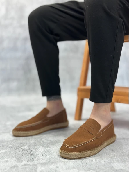 ET0359 Doğal Deri Tozu Bağcıksız Kauçuk El Yapımı Espadril Taban Taba Renk Erkek Ayakkabı - Resim 3