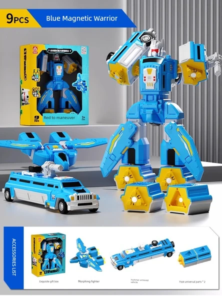 Çocuklar için Manyetik Deformasyon Robot Araba Bulmaca Montaj Oyuncağı - 9 Parça Mavi Manyetik Savaşçı