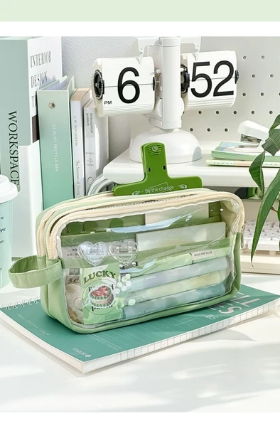 Şeffaf Büyük Kapasiteli 5 Katmanlı Kalem Kutusu - Matcha Süt Yeşili + Taro Kili - 7