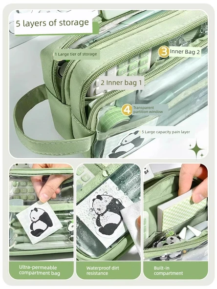 Şeffaf Büyük Kapasiteli 5 Katmanlı Kalem Kutusu - Matcha Süt Yeşili + Deniz Tuzu Peynir + Taro Kili - 4