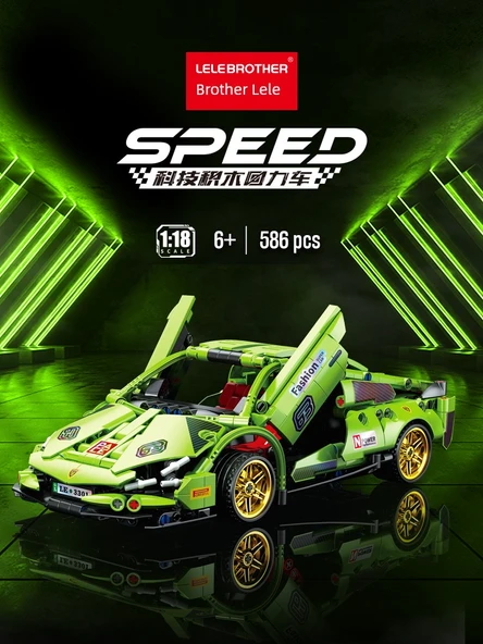 Spor Araba Yapı Blokları - [Akrilik Kutu + Lamba İpi] 9027 Yeşil Niu Rambo - 586 Parça - 2