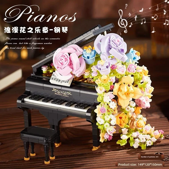 Yapı Blokları Çiçek Pasta Puzzle Oyuncak - Romantik Çiçek Müzik-Piyano 841 Granüllü