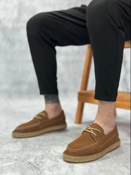 ET0358 Doğal Deri Tozu Bağcıklı Kauçuk El Yapımı Espadril Taban Taba Renk Erkek Ayakkabı - 4
