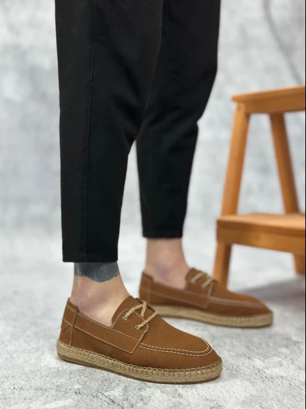 ET0358 Doğal Deri Tozu Bağcıklı Kauçuk El Yapımı Espadril Taban Taba Renk Erkek Ayakkabı