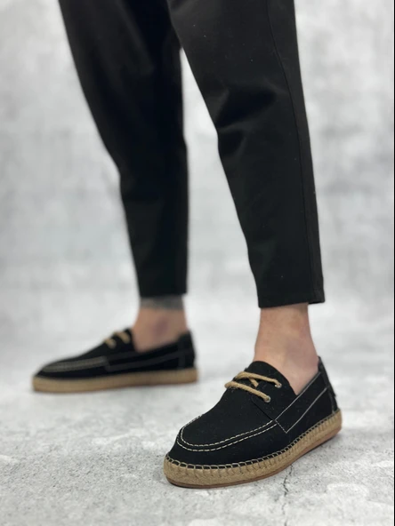 ET0358 Doğal Deri Tozu Bağcıklı Kauçuk El Yapımı Espadril Taban Siyah Renk Erkek Ayakkabı - Resim 3