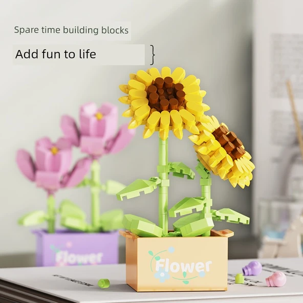 DIY Yapı Blokları Çiçek Buketi Kiti - A Çiçek Saksı Hediye Seti (12 Küçük Kutu İçerir) - 5