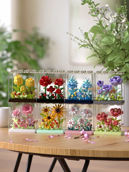 DIY Çiçek Yapı Blokları Seti - Peony - Akrilik Kutu - 3