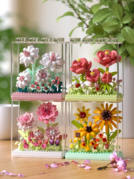 DIY Çiçek Yapı Blokları Seti - Peony - Akrilik Kutu - 2
